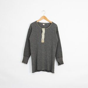 Vintage Knit Wool Henley Thermal Shirt Charcoal Gray L - Distressed Pullover
